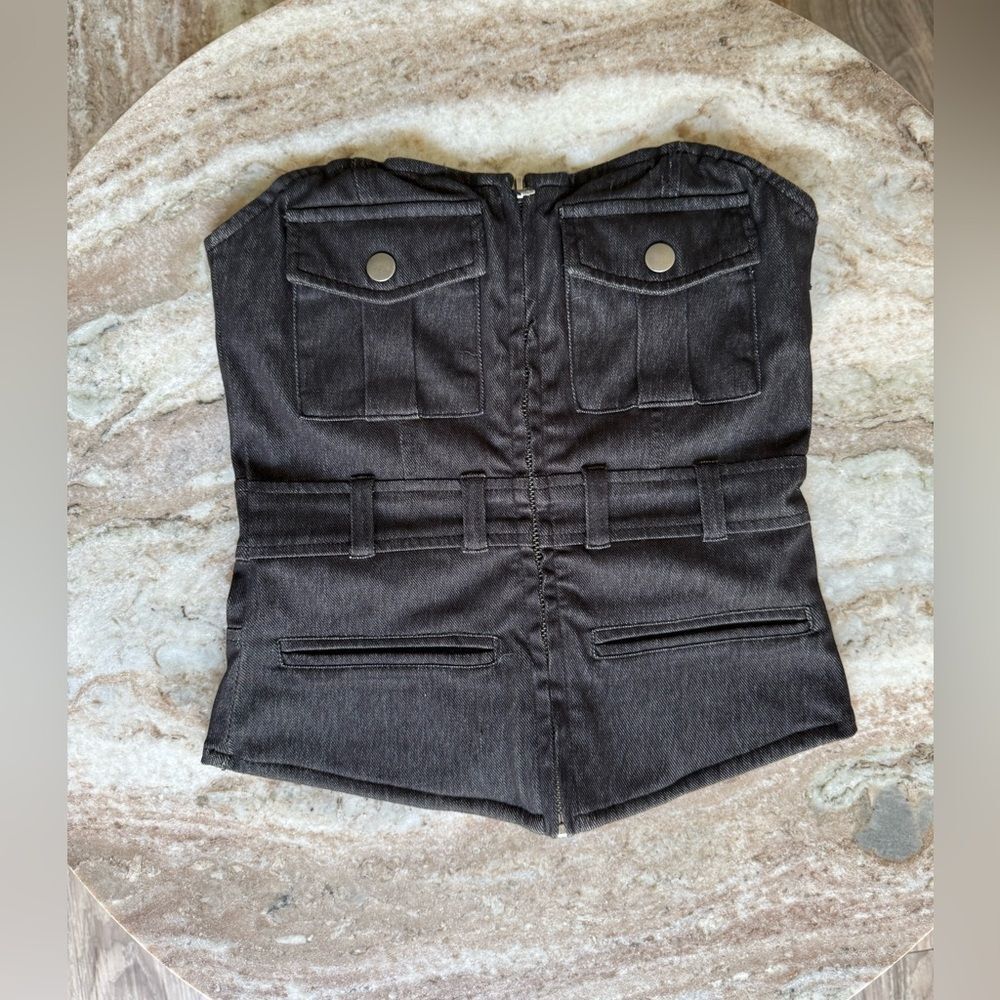 Black strapless multi pocket corset zipper front top XS